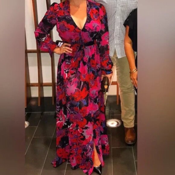 Bebe Floral Maxi Romper‎ Dress w/Built-In Shorts Size 2 Sheer Long Sleeve Plunge - Picture 6 of 14